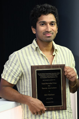 Giri Nathan with Tom Perrotta Prize for Tennis Journalism